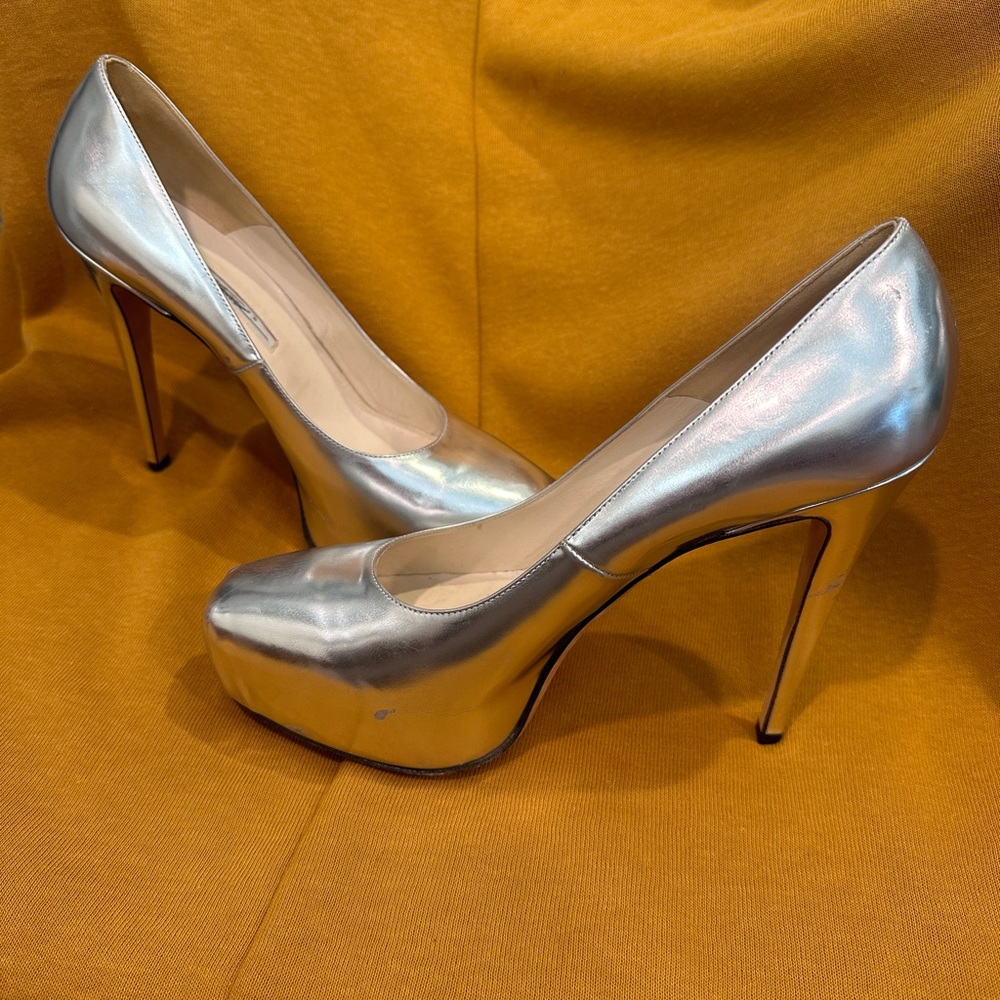 Brian Atwood 40.5 silver platform heels